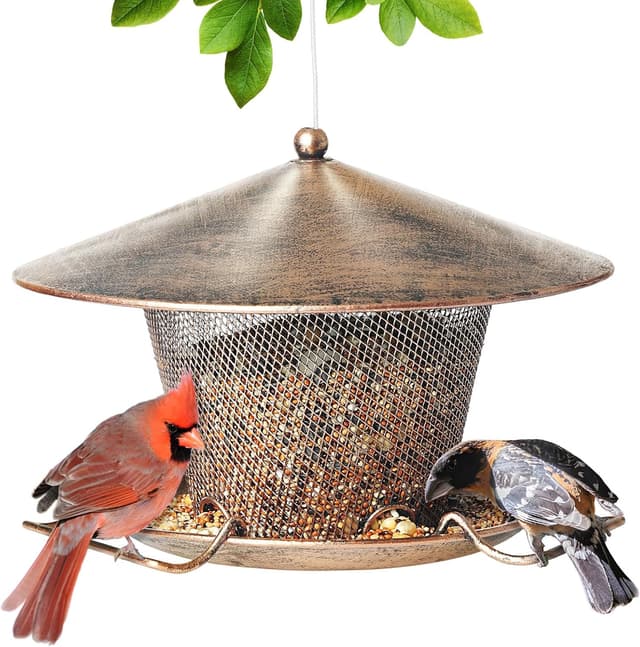 Detalle de IWTTWY hanging squirrel-proof metal bird feeder with weatherproof roof and 3 lbs seed capacity