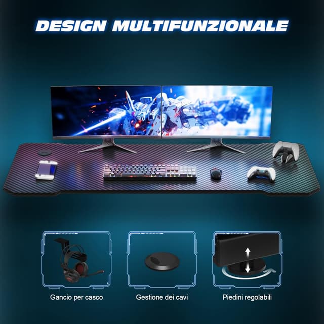 Detalle 2 de TRIUMPHKEY scrivania gaming 80×52 cm in fibra di carbonio, gambe a Z e supporto cuffie
