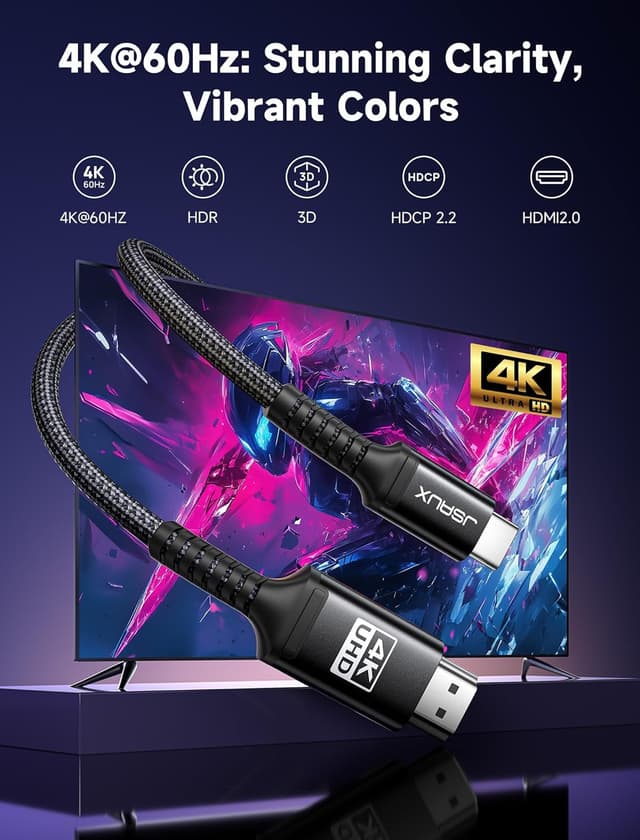 Detalle 2 de JSAUX USB‑C auf HDMI Kabel (1 m) für 4K@60Hz – Thunderbolt 3, MacBook, iPad Pro & kompatible Smartphones