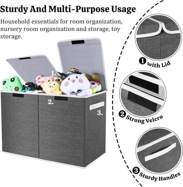 Detalle de Modojuny Foldable Toy Storage Box with Lid & Handle (Large, Grey) – 600D Oxford fabric organiser chest with divider
