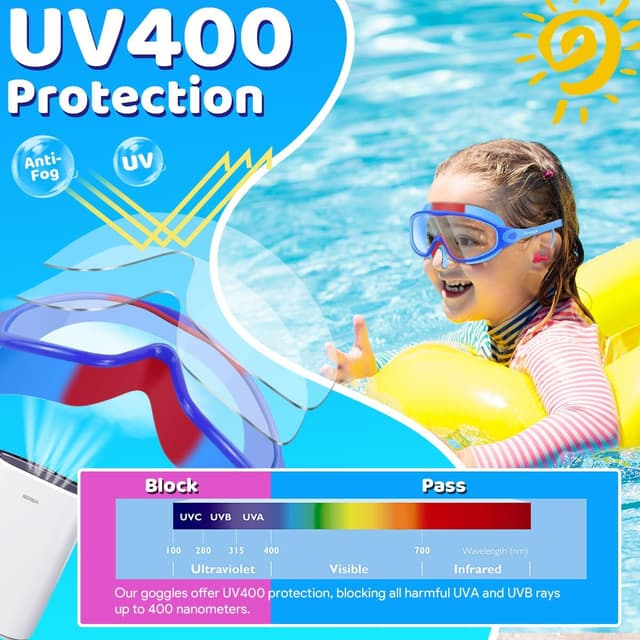 Detalle de Vvinca Kids Swimming Goggles (2 Pack) with Built-in Earplugs, Nose Clip & Anti-Fog UV Protection for Ages 3–15