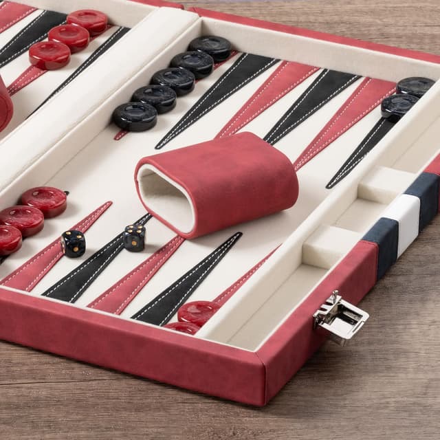 Detalle 2 de Lingle 15-inch Backgammon Set for Adults with Folding Faux Leather Case (Red)