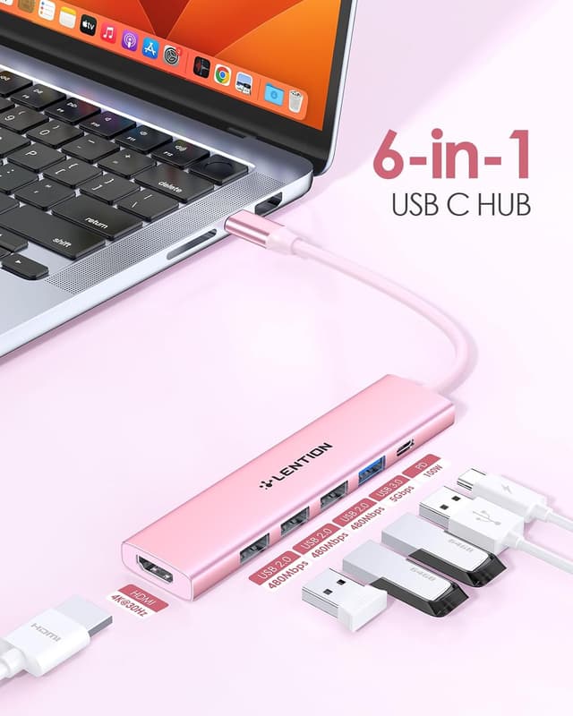 Detalle de LENTION USB-C Hub Multiport Adapter (100W PD, 4K HDMI, USB 3.0 + 3× USB 2.0) for MacBook, Chromebook & iPhone