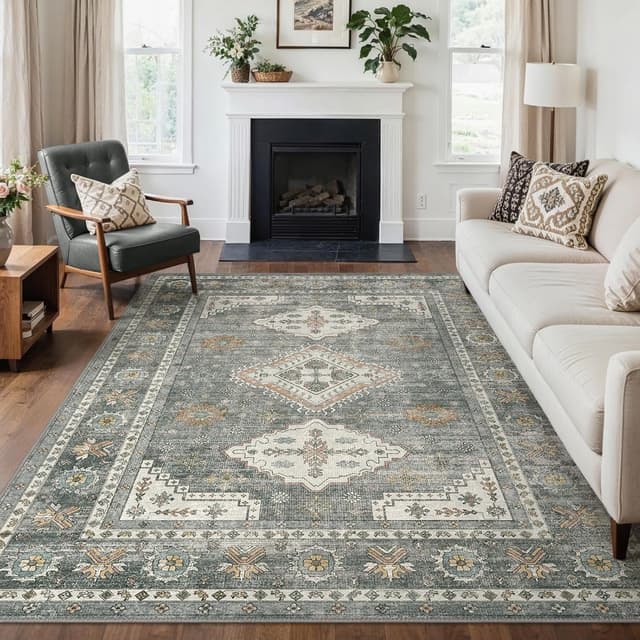 Detalle de GENIMO Tapis de salon vintage style Persan Persan, gris foncé, lavable en machine avec dessous antidérapant (200x290 cm)