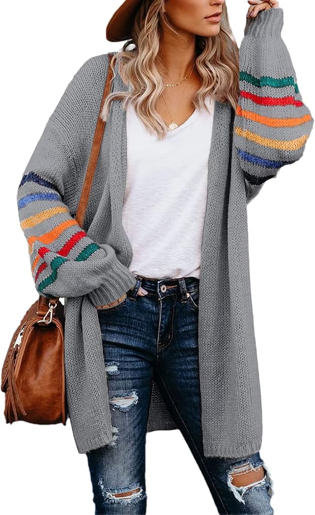 Detalle de AlvaQ Women’s Longline Open-Front Rainbow Striped Cardigan (S–XXL) – Lightweight Knit Coat Jacket