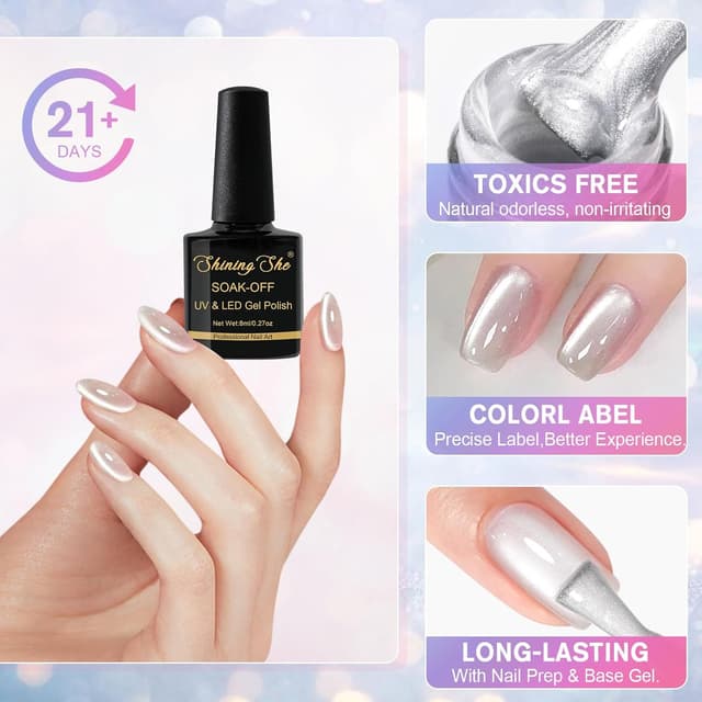 Detalle de Shining She UV Nagellack Jelly Magnet CatEye (4 Farben), 8 ml – kristallklarer Cat-Eye-Look mit Magnet