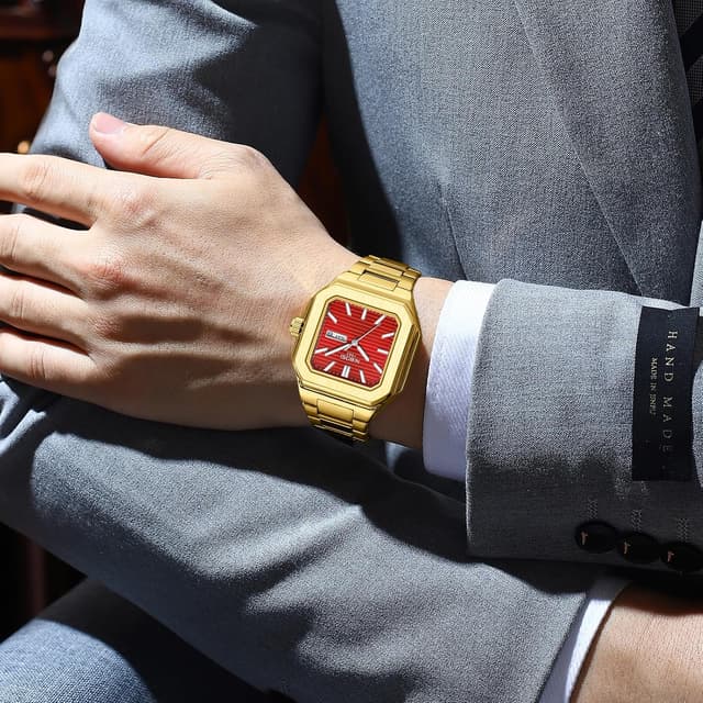 Detalle 2 de NIBOSI orologio da uomo analogico al quarzo in acciaio inox quadrato, impermeabile 3ATM