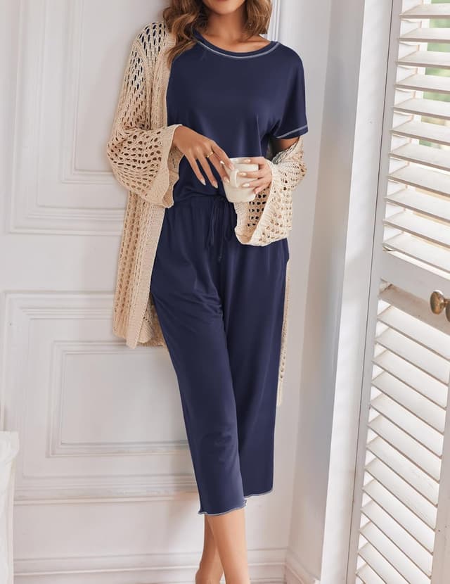 Detalle 2 de Ensemble de pyjama femme Ekouaer (haut manches courtes + pantalon 7/8) pour l’été