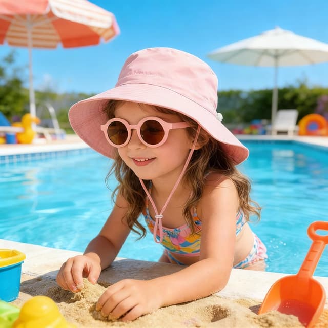 Detalle de Shedoo Sonnenhut Kinder mit UV-Schutz UPF 50+ und breiter Krempe (Fischerhut/Bucket-Hat) inkl. Sonnenbrille