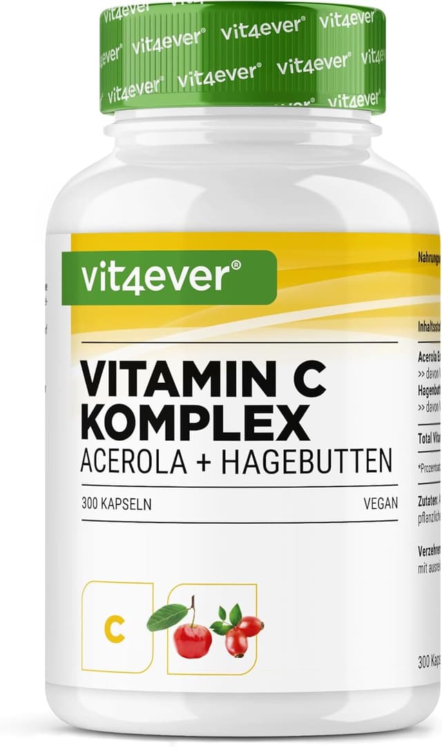 Detalle de vit4ever Natürlicher Vitamin C Komplex mit Acerola- & Hagebutten-Extrakt – 300 Kapseln (5 Monatsvorrat)