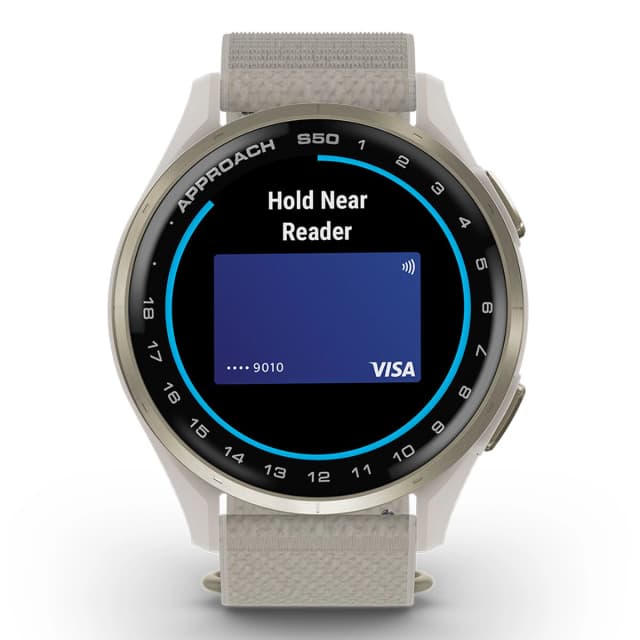 Detalle de Garmin Approach S50: smartwatch de golf con GPS y pantalla AMOLED (reacondicionado “a estrenar”)