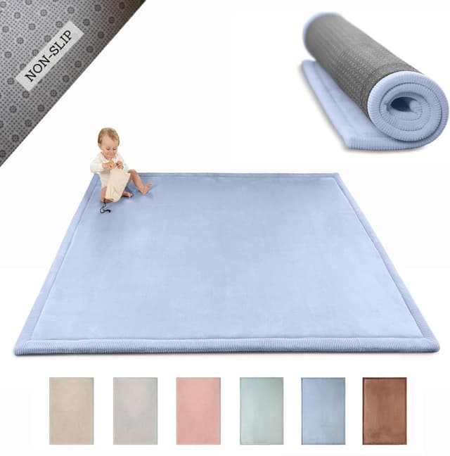 Detalle de Premium Large Coral Velvet Baby Play Mat 200x150x2.5cm (Blue) – memory foam tatami-style rug with non-slip backing