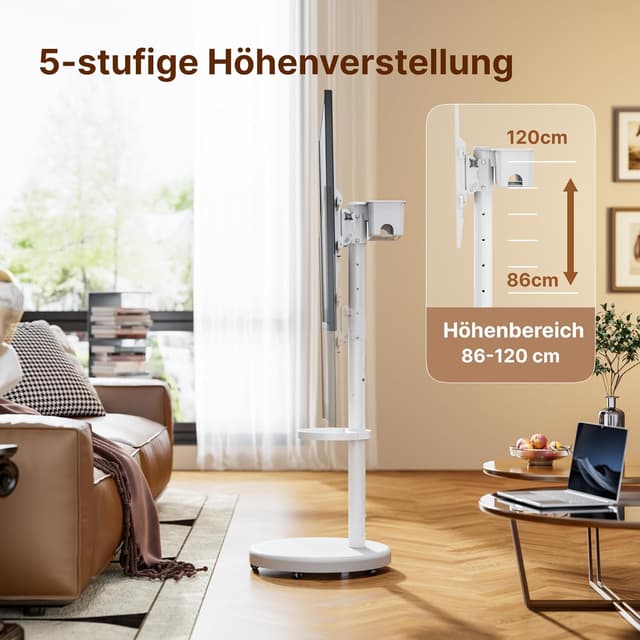Detalle de ECOTINY höhenverstellbarer rollbarer TV-Ständer für 37–86 Zoll (max. VESA 600×400 mm) bis 50 kg, weiß