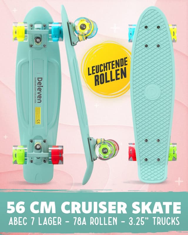 Detalle de Deleven Skateboard mit LED-Rollen, Skate-Tool und ABEC-7-Lagern (56 cm) für Kinder und Erwachsene
