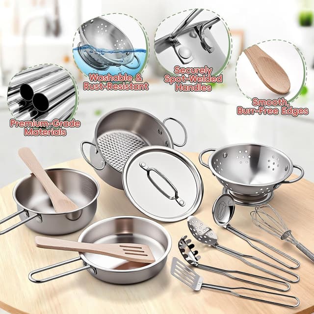 Thumbnail 6 de Großes Spielküchen-Zubehör aus Edelstahl: 63-teiliges Kinder-Koch- & Schneideset mit Spiel-Lebensmitteln