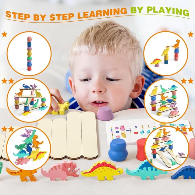 Thumbnail 1 de JAiiMen Montessori Dinosaur Wooden Blocks (9 blocks, planks, sorting & challenge cards) for ages 2–4