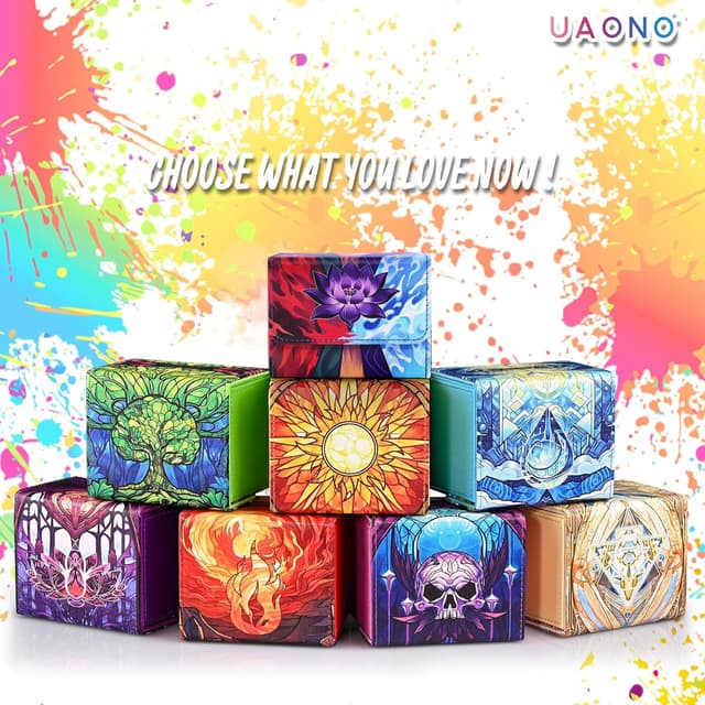 Detalle de UAONO Card Deck Box für MTG: Kartenbox für bis zu 120+ Sleeved Commander Deck (PU-Leder, Magnetverschluss, 2 Divider) – Schwarz/„Lotus“