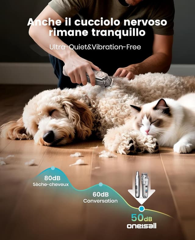 Detalle de oneisall 4 in 1 Tosatrice per cani (pelo folto/denso), silenziosa, tagliaunghie e limatrice, batteria fino a 4 ore