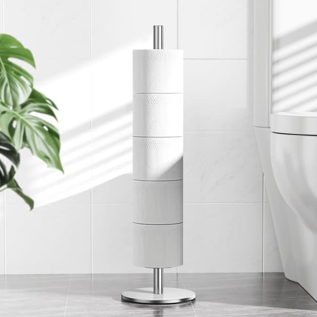 Detalle de Free-Standing Stainless Steel Toilet Roll Holder (Silver) – Storage Stand for 5–6 Rolls, Brushed Nickel Finish