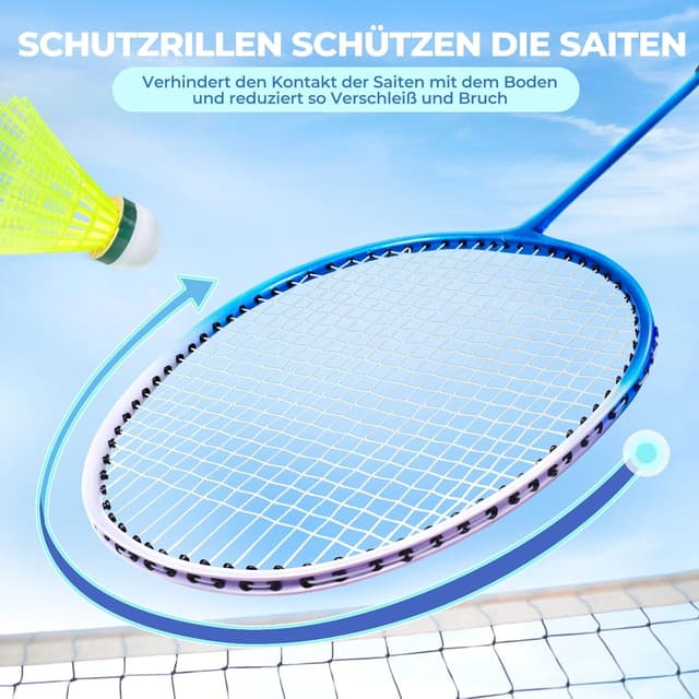 Detalle de HIRALIY Badminton-Schläger-Set (4er, für Kinder & Erwachsene) inkl. 12 Nylon-Volanten, Ersatz-Griffbändern und Tasche