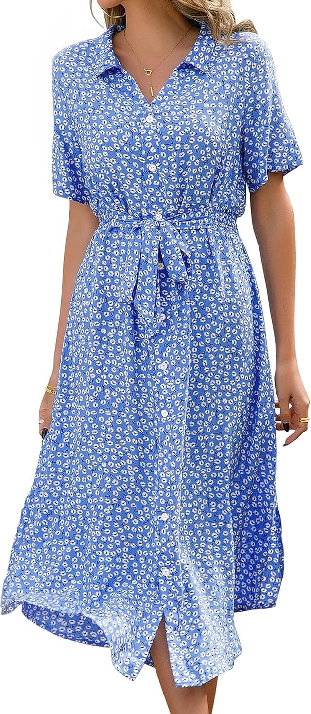 Detalle de Livonmone Sommerkleid für Damen mit V-Ausschnitt, Blumendruck, Gürtel und Knopfverschluss