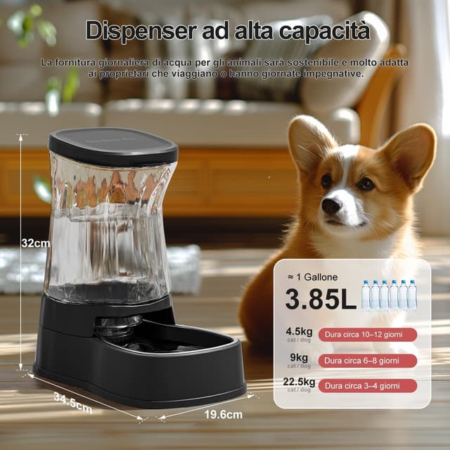 Detalle de Gardner Pet Dispenser Acqua 3,85 L con ciotola in acciaio inox e filtro, gravità senza elettricità (nero)