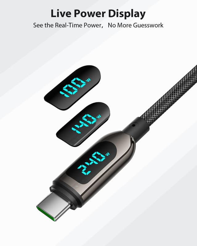 Detalle de SooPii 240W USB‑C auf USB‑C Kabel (3 m) mit LED-Display – PD Schnellladekabel für iPhone, iPad, MacBook & Galaxy (schwarz)