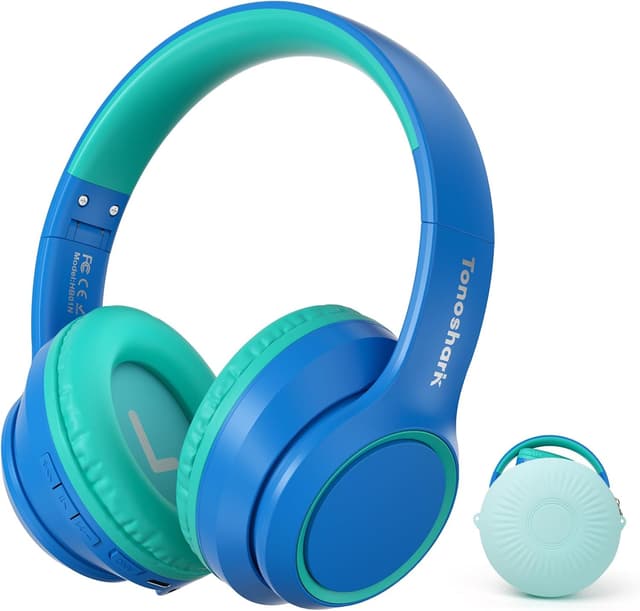 Detalle de Tonoshark Kinder Bluetooth Over-Ear Kopfhörer mit Noise Cancelling – 60h Spielzeit, Mikrofon & Tragetasche (Dunkelblau)