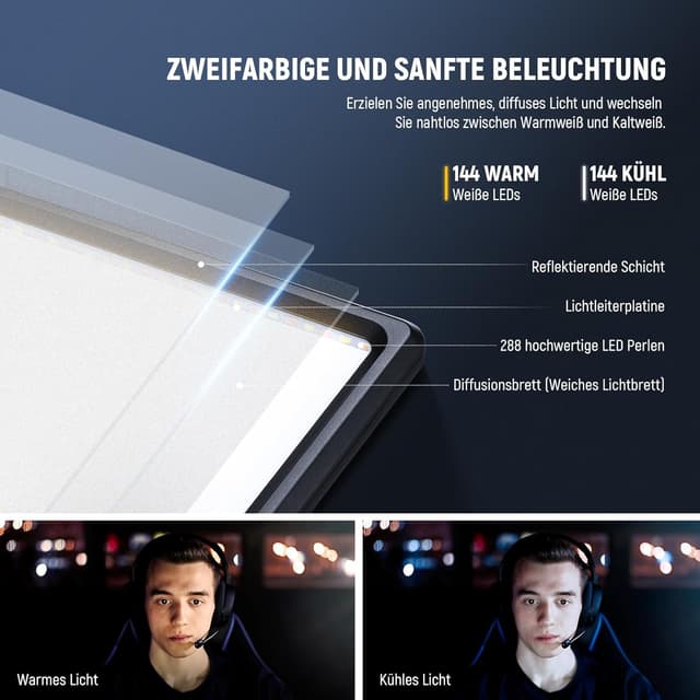 Detalle de NEEWER 18" LED Videolicht Panel Set (2× 45W) – dimmbar, zweifarbig (3200K–5600K), mit Fernbedienung & Lichtstativ