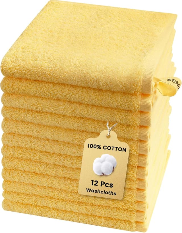 Detalle de SEMAXE 100% Cotton Washcloths 12-Pack (13 × 13 Inch) Soft Yellow Face Towels