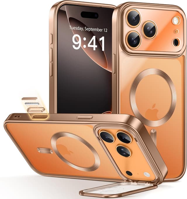 Detalle de GolbinBox iPhone 17 Pro Case with Stand (6.3 inches) for MagSafe, Rose Gold/Clear