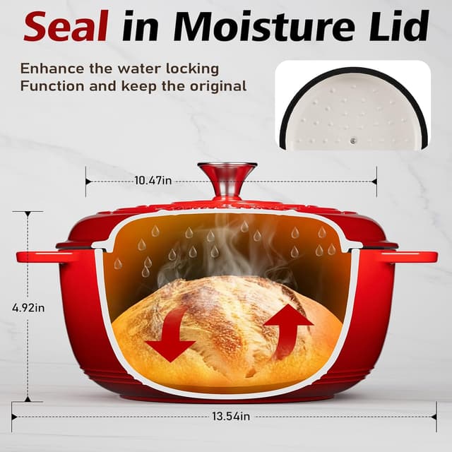 Detalle de Umite Chef 6QT Enameled Cast Iron Dutch Oven with Lid (Red) — Oven & Stovetop Safe