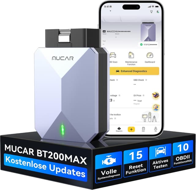 Detalle de MUCAR BT200 MAX OBD2 Bluetooth Adapter mit KI-Hilfsfunktion, Diagnose & Reset (ELM327-Unterstützung, iOS/Android)