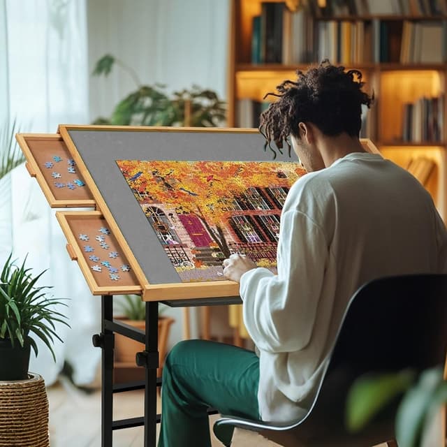 Detalle de BuilderButler 1500-Piece Puzzle Table with Wheels, Adjustable Height & 45° Tilt, Drawers and Cover