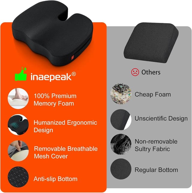 Detalle de inaepeak Sitzkissen mit Memory-Schaum (46 × 40 × 8,5 cm) – atmungsaktiv, waschbarer Netzbezug, Extra dick & breit, Schwarz