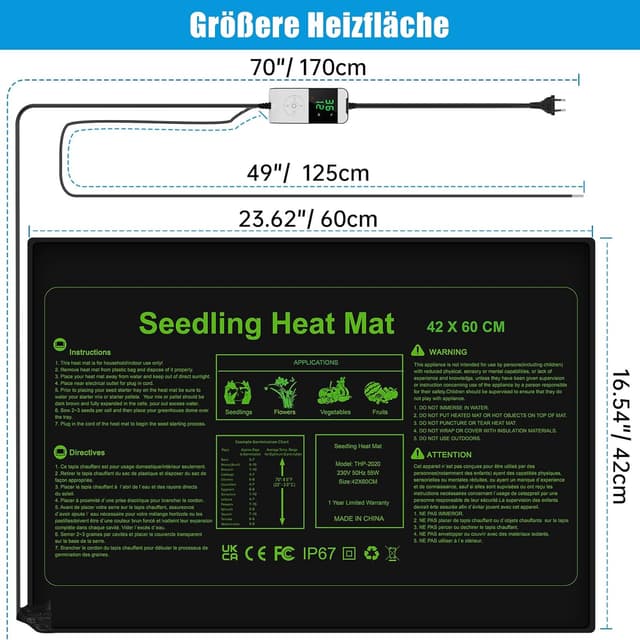 Detalle de WADEO Heizmatte für Pflanzen groß (55 W) mit Thermostat, 60 x 42 cm, Timerfunktion