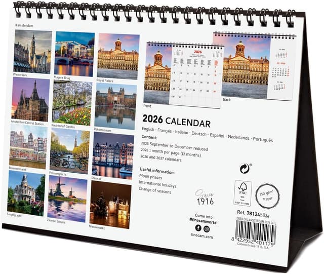 Detalle de Finocam Tischkalender 2026 Monatsansicht (Jan–Dez 2026 + Sep–Dez 2025 reduziert) mit mehrsprachigem Inhalt