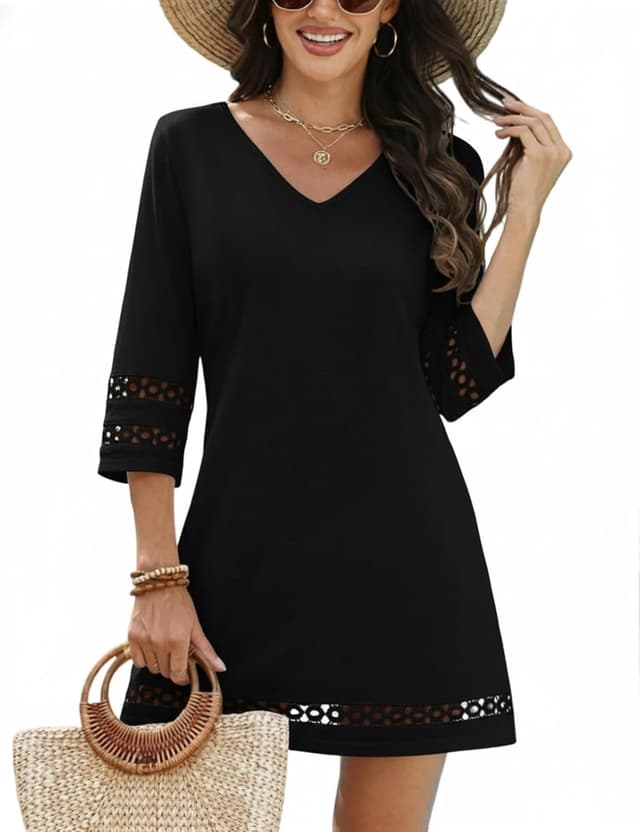 Detalle de VIMPUNEC V-Neck Swimsuit Coverup for Women — V-Neck 3/4 Sleeve Beach Dress Shirt