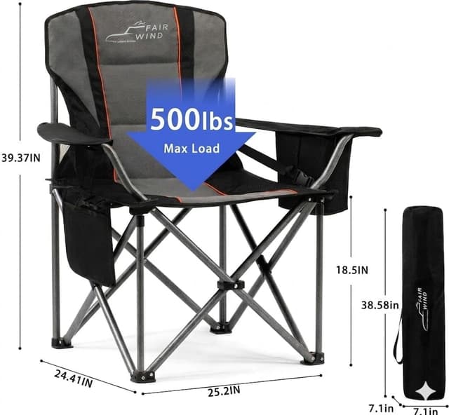 Detalle de FAIR WIND 2-Pack Fully Padded Oversized Camping Chairs with Adjustable Lumbar Support, Cooler Bag & Cup Holder (500 lbs Capacity)