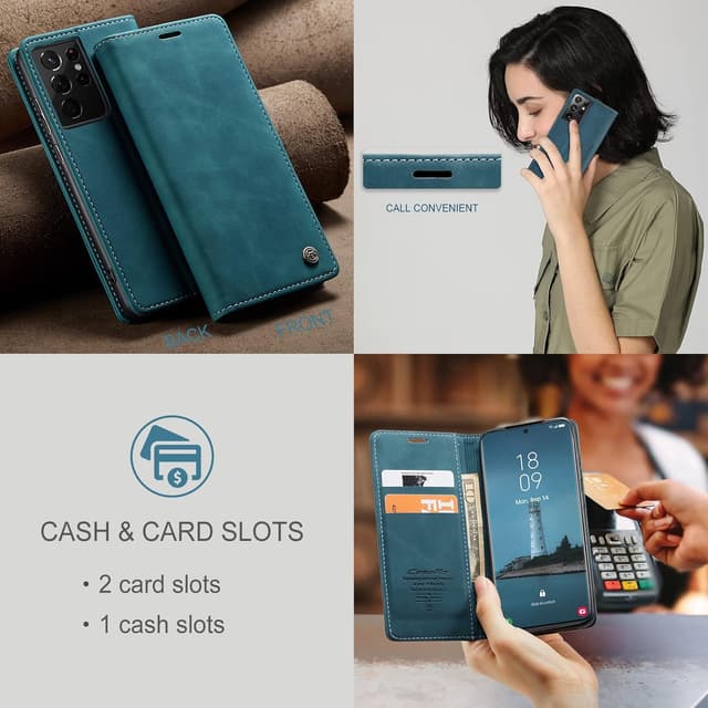 Detalle de Cracedily for Samsung Galaxy S21 Ultra leather flip wallet case with card holder, magnetic closure and kickstand (Blue-Green)