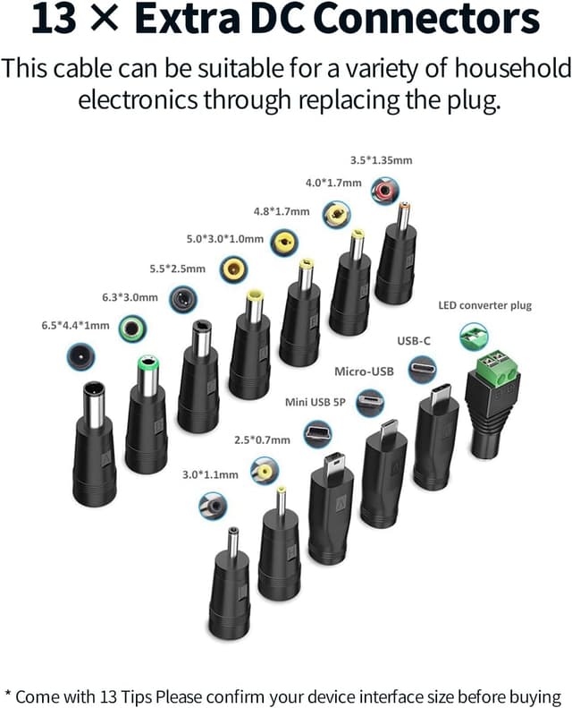 Thumbnail 6 de TONTON USB-A auf DC Stecker Ladekabel (13-in-1) mit 13 Hohlsteckern, 1,5 m, schwarz