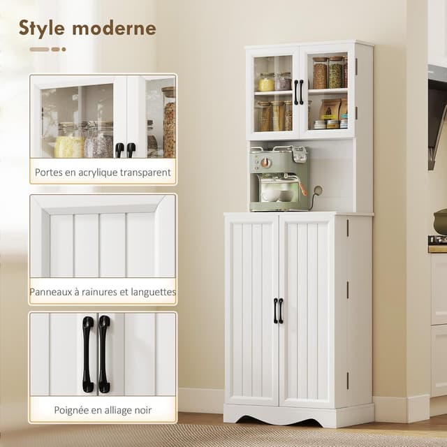 Thumbnail 6 de HOMCOM buffet haut pour cuisine avec vitrine, plan de travail et 4 portes (60 x 39,5 x 179,6 cm) blanc