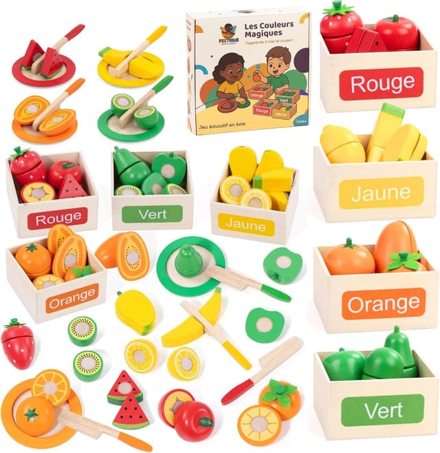 Detalle de Feetique Jeu Montessori en bois fruits à découper (2 à 7 ans) – Dinette enfant avec 24 pièces pour apprendre les couleurs