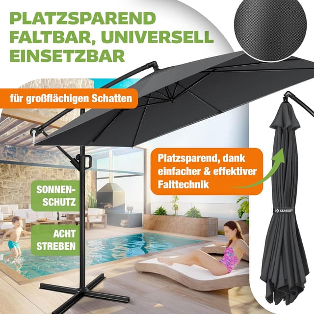 Detalle 2 de KESSER® Kurbelschirm Sonnenschirm 250x250 cm mit Kurbel, 360°-Funktion und UV-/Wasserschutz (Anthrazit)