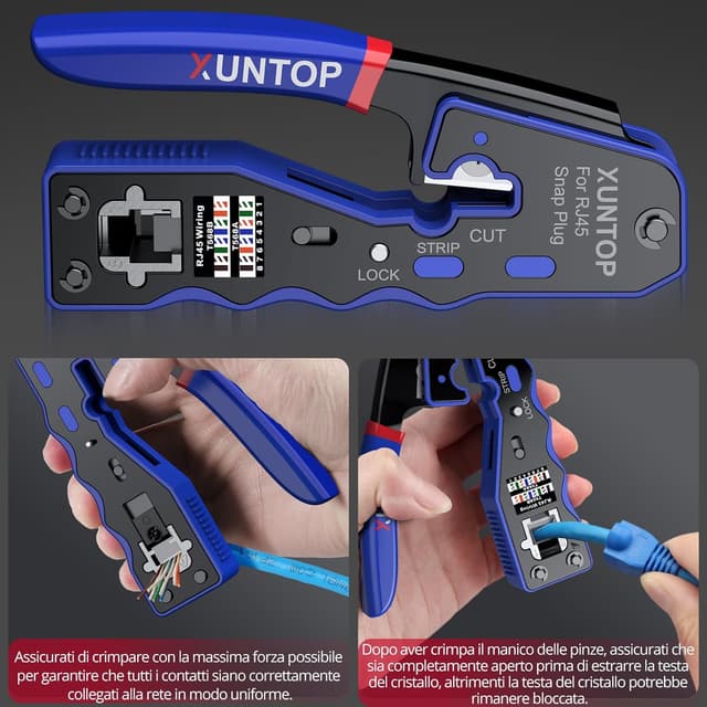 Detalle 2 de XUNTOP Pinza crimpatrice RJ45 pass-through con 20 connettori Cat6 dorati e accessori