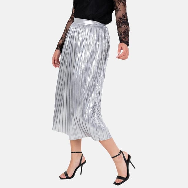 Detalle de Lovedrobe Damen Midirock mit Falten, A-Linie und elastischem Bund (Metallic, Satin-Finish, gefüttert)