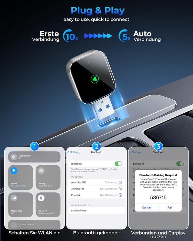 Detalle de Mini Wireless CarPlay Adapter mit Auto-GPS-Navigation: kabelgebundenes CarPlay auf kabellos umstellen