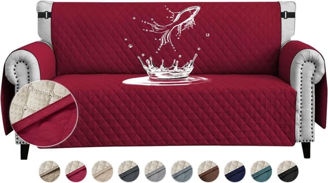 Detalle de FIGOOO Copridivano impermeabile trapuntato 3 posti con tasche laterali, Borgogna