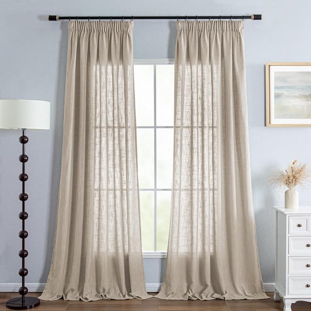 Detalle de MYSKY HOME Vorhang mit Kräuselband (2er-Set) in Beige – Leinenoptik, halbtransparent für Kinderzimmer & Wohnzimmer