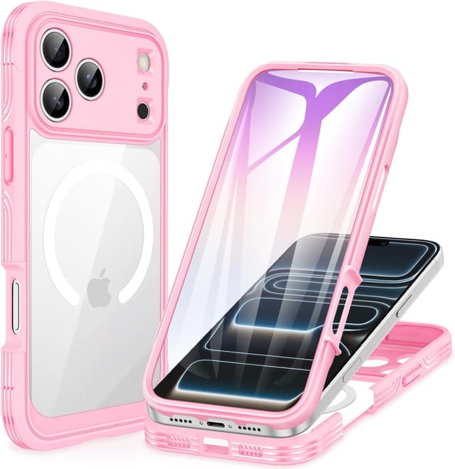 Detalle de CENHUFO iPhone 17 Pro Max MagSafe case with built-in 9H glass screen protector – 360 shockproof full body, pink